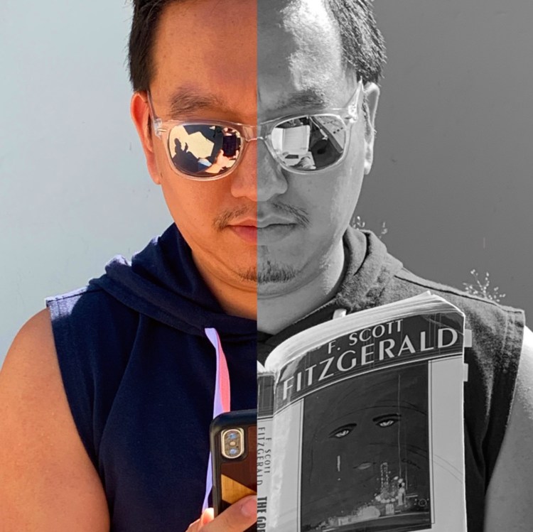 Split screen image. Left side in color, man